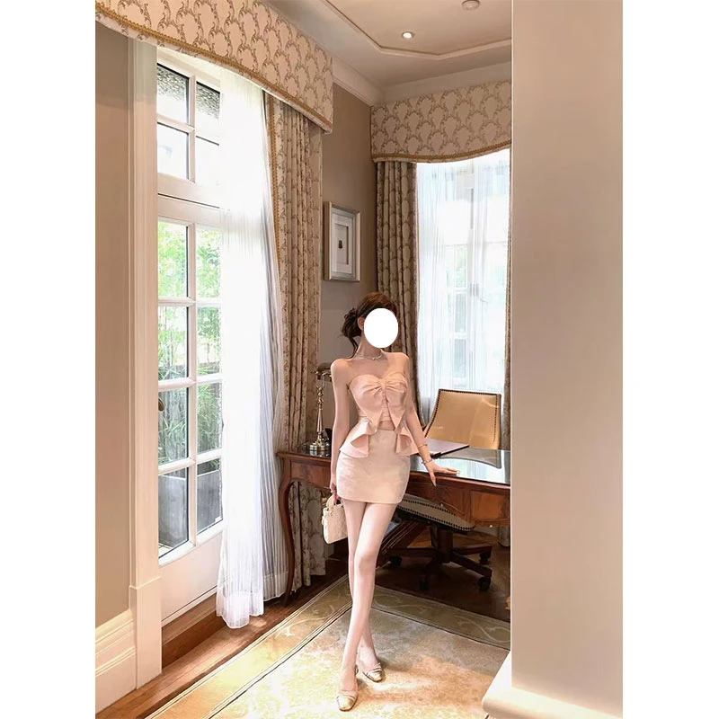 2025夏季新款韩版气质百搭显瘦蝴蝶结抹胸背心高腰百搭短裙两件套