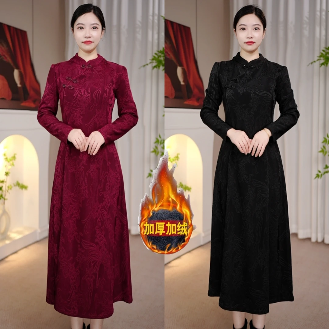 秋冬新款改良版旗袍裙云锦凤尾花加绒加厚提花保暖连衣裙4953