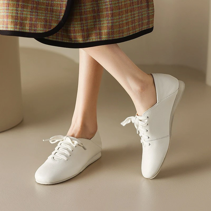 手工真皮两穿轻便小白鞋女系带软皮软底单鞋平底小皮鞋透气妈妈鞋