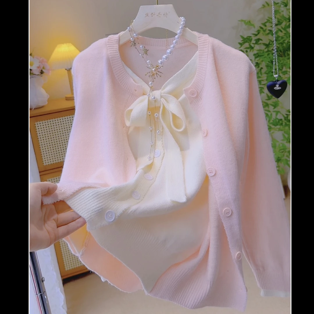 2025秋季新款温柔风韩系撞色假两件拼接针织衫穿搭开衫毛衣外套女