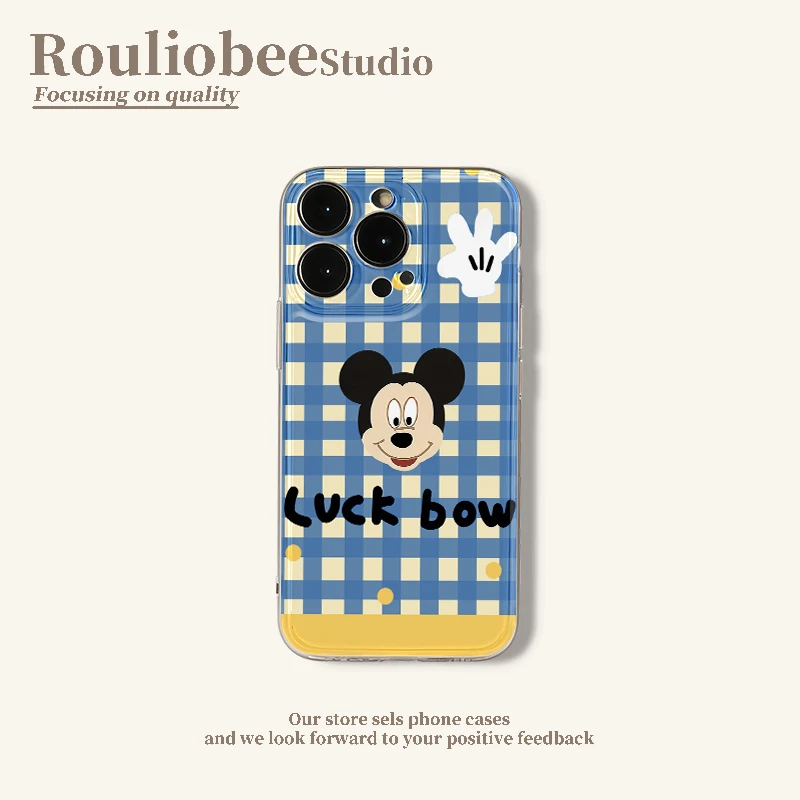 欧克里里幸运蓝白米奇格纹适用苹果16高透手机壳华为vivo小米oppo