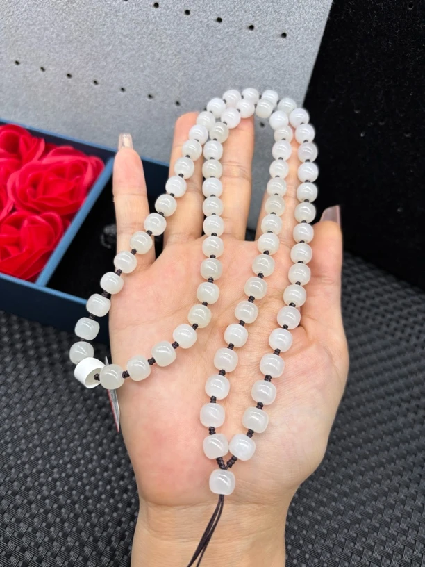 福利天然和田玉白玉老型珠8mm玉石挂牌绳毛衣链长链珠链时尚百搭