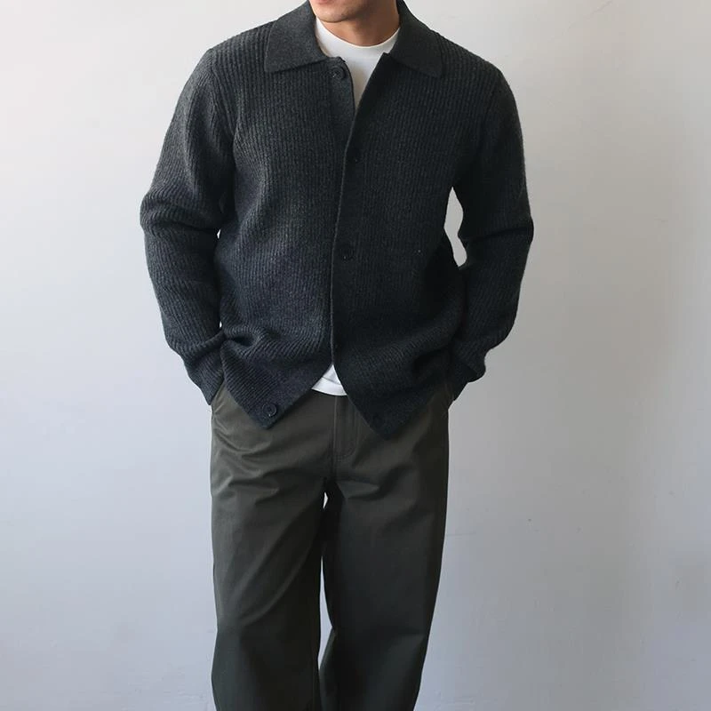 GBHP老钱风翻领纽扣毛衣男士秋冬季新款休闲百搭保暖针织开衫外套