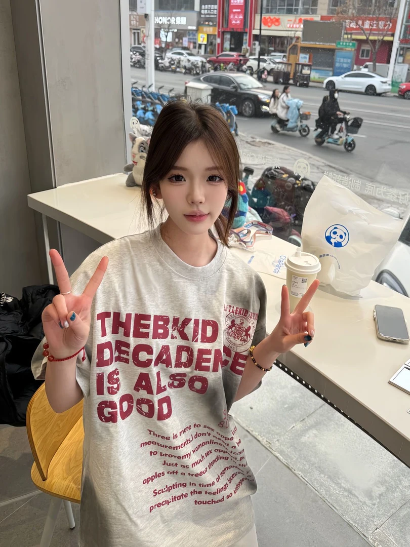 零落旧人 漂亮炮灰美式复古字母印花短袖T恤男女夏季宽松圆领上衣