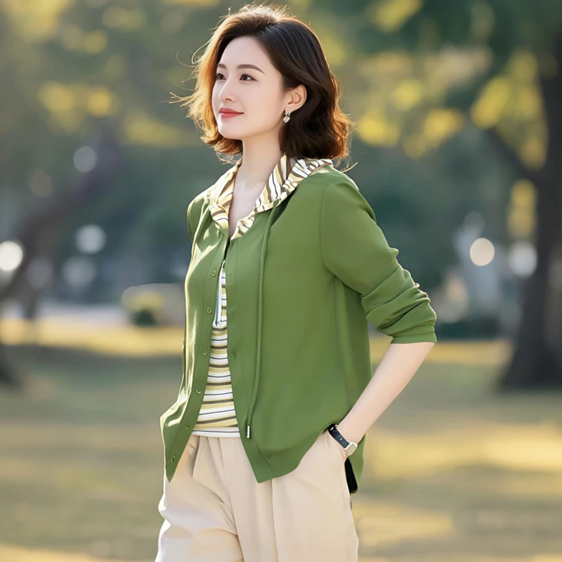 大码时尚条纹连帽假两件拼接长袖卫衣女百搭休闲气质宽松显瘦外套