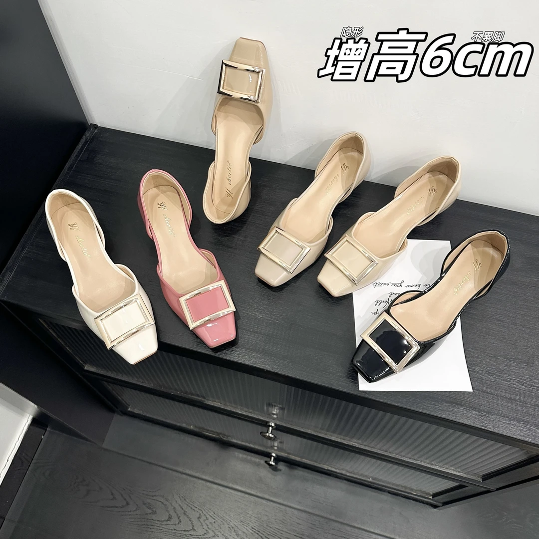 单鞋女奶茶色漆皮内增高大象灰方扣法式气质百搭中空鞋方头平底鞋