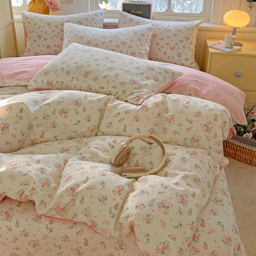 小玲子 春日小兔 全棉纯棉三件套四件套 印染工艺 小清新风