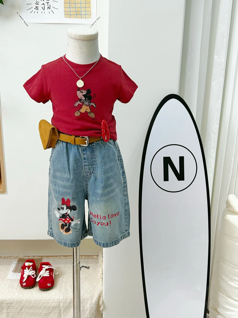 2026夏季新款童装女童洋气红色米奇短袖T恤卡通牛仔中裤两件套