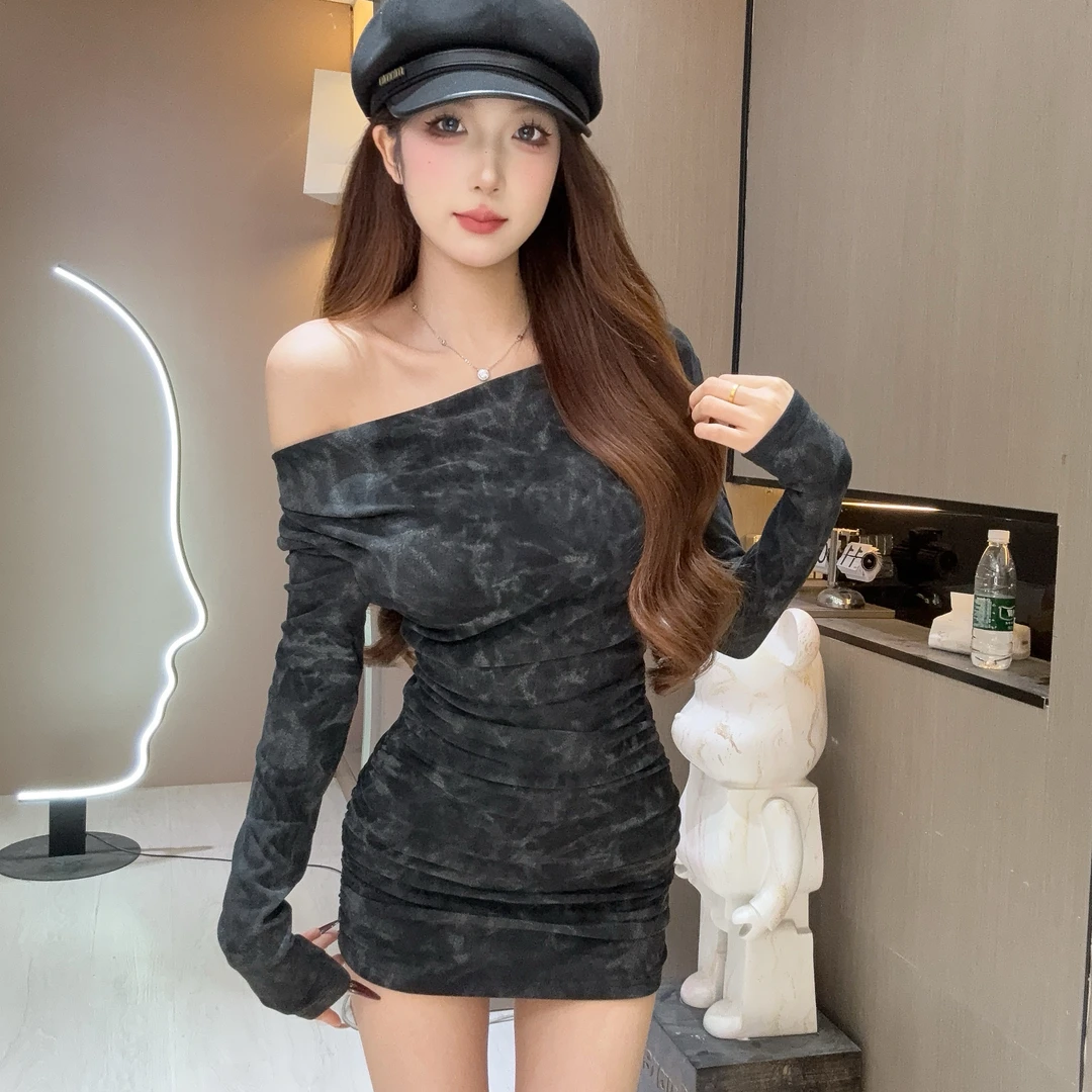 【零零推荐】性感长袖一字肩扎染包臀裙女气质皱褶显瘦连衣裙66615