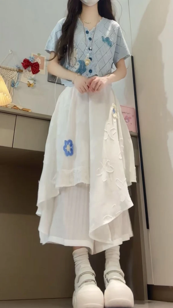 2025夏季新款韩系穿搭文艺风蓝色上衣搭配不规则阔腿裙裤两件套女