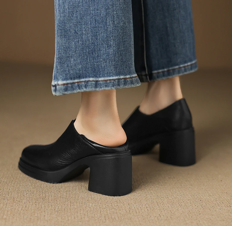 AACCK7CM防水台高跟鞋粗跟真皮单鞋女2025新款英伦风方头厚底皮鞋