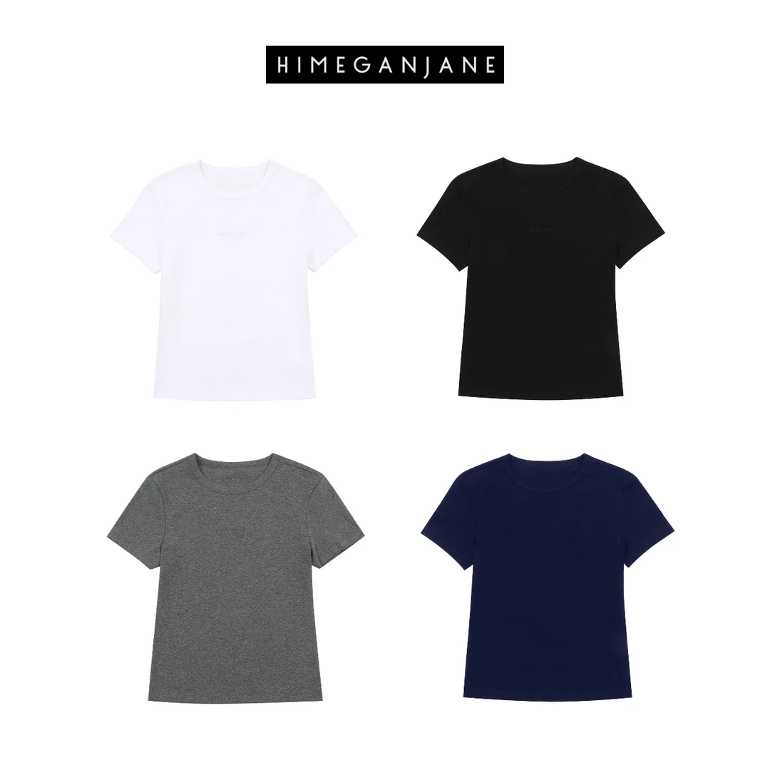 HIMEGANJANE 刺绣字母Tee 定制螺纹棉 弹力修身显瘦短袖T81313