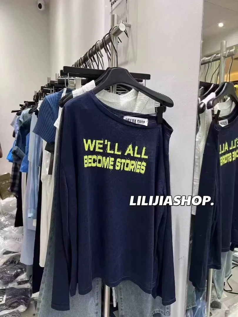 韩国东大门夏季新款撞色字母印花宽松斜肩长袖薄款防晒罩衫9329