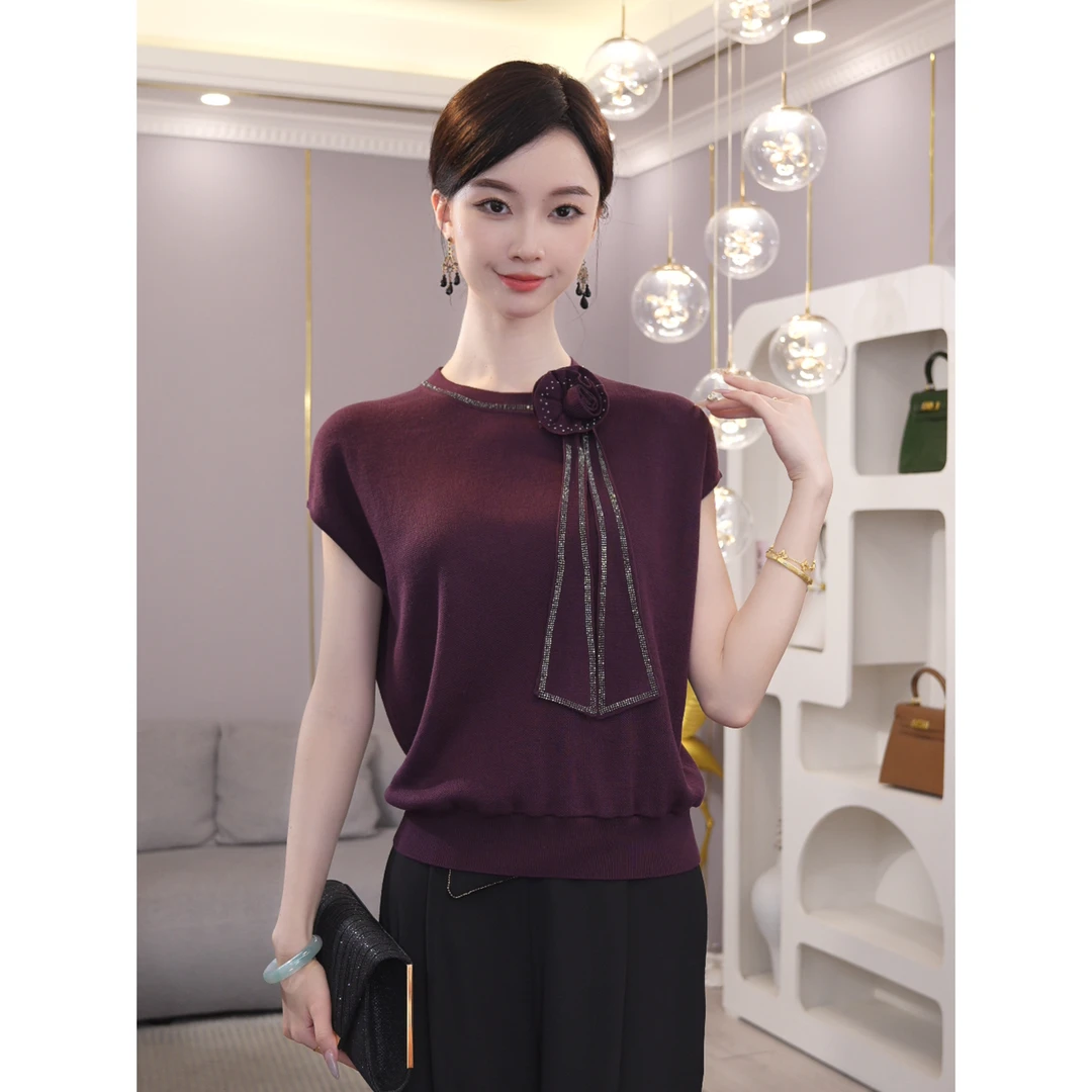 2025夏新款【LT-1180PY】天丝紫色花朵短袖设计气质通勤针织上衣女