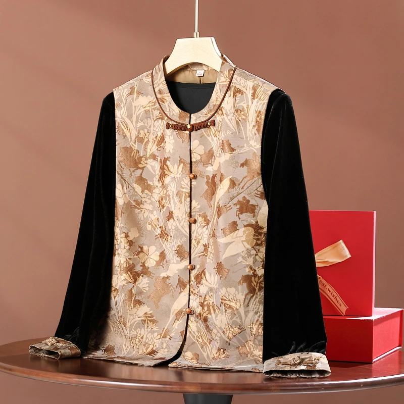 中老年女秋季妈妈装国风马甲显瘦洋气金丝绒老人奶奶太太两件套装