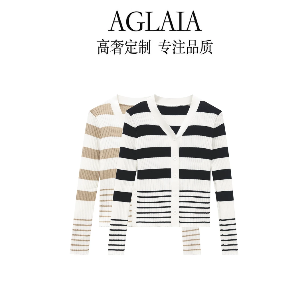 AGLAIA-新款慵懒撞色简约单排扣弹力修身显瘦V领条纹针织开衫6236