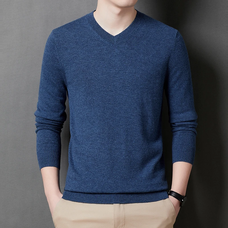 秋冬100绵羊毛男士简约风时尚长袖羊毛衫纯色打底针织衫YM121