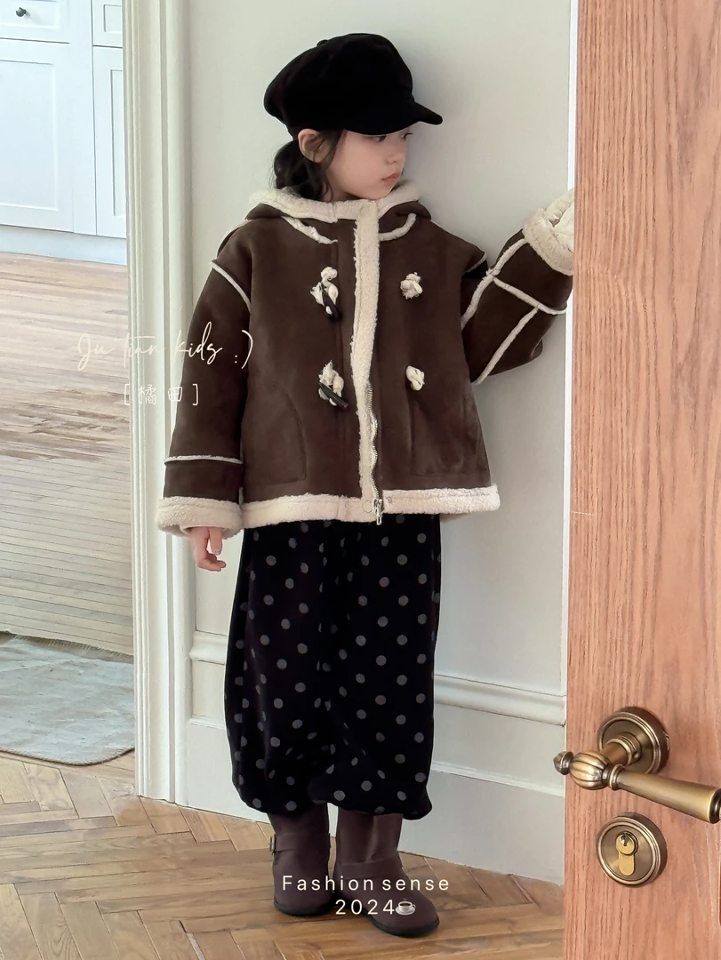 链接L机车服牛角扣纯色冬季连帽外套加厚加绒