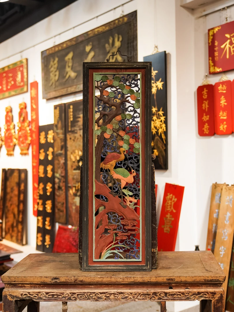 精美实木牌匾雕刻花鸟彩绘挂画屏风隔断茶室装饰