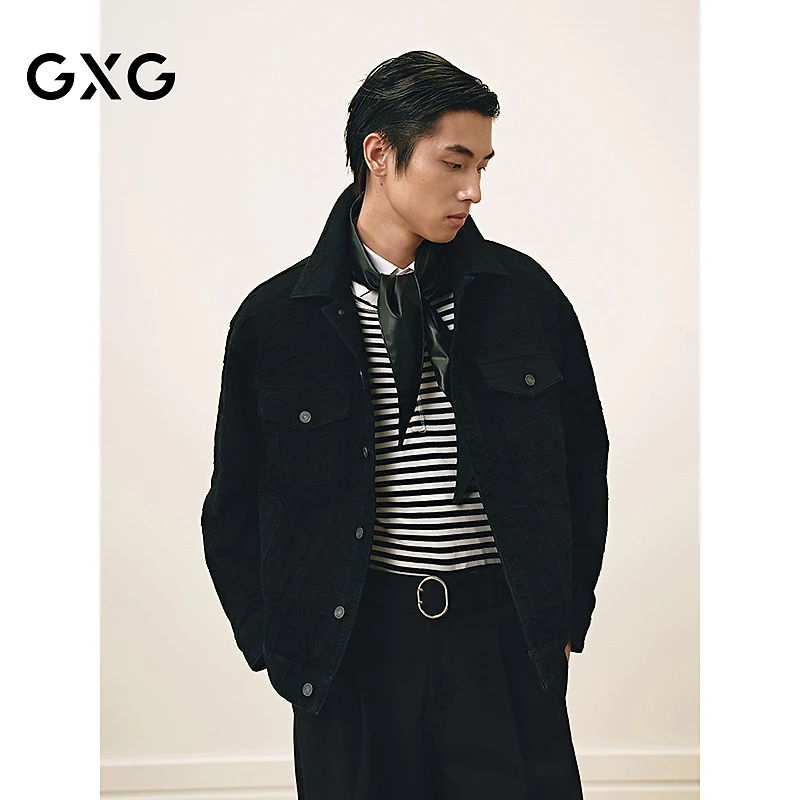 GXG男装 雪尼尔提花花卉翻领牛仔夹克外套休闲25年春#G25DE81010