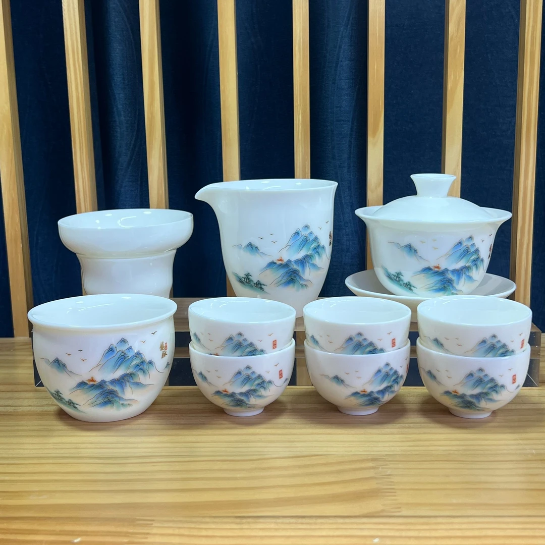 【山上有窑】德化羊脂玉瓷高档家用办公室茶具套装山河功夫茶具套装