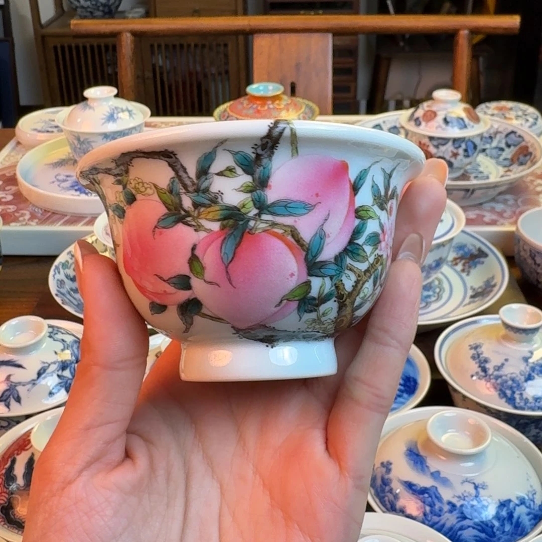 杯重工粉彩桃子杯纯手绘