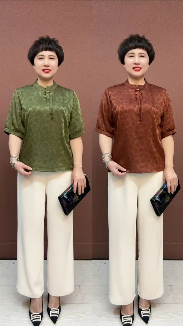 高贵纯色中老年女装中式复古立领宽松提花盘扣小衫