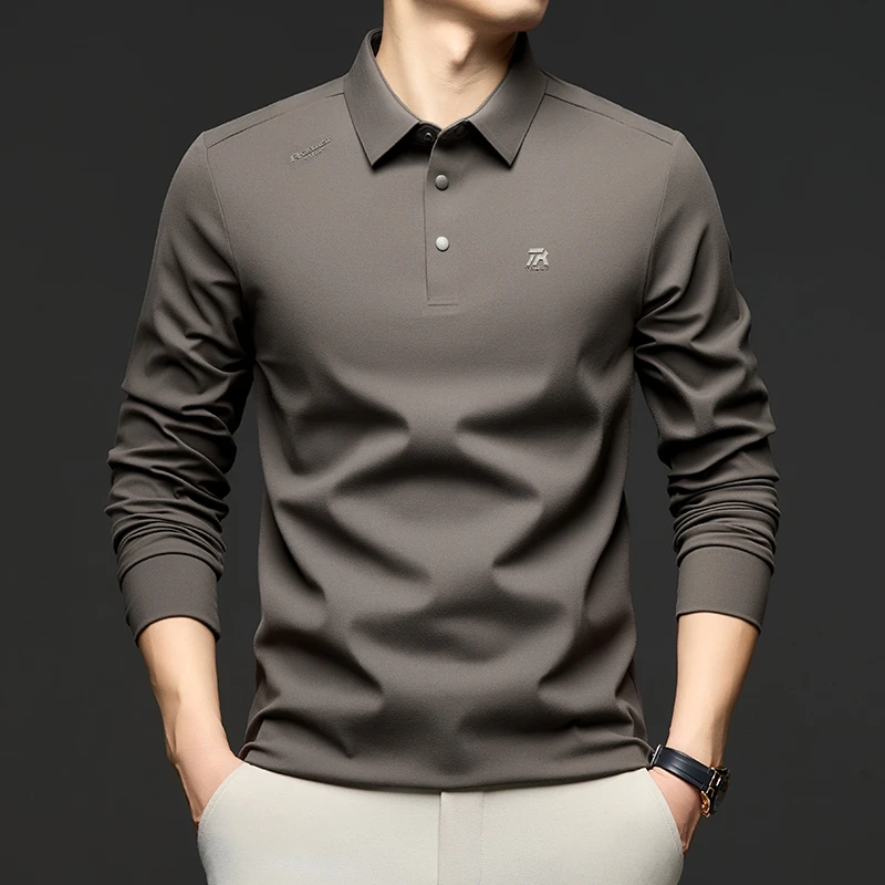纯色秋季长袖男免烫修身型潮流翻领商务休闲高档男士春秋POLO衫