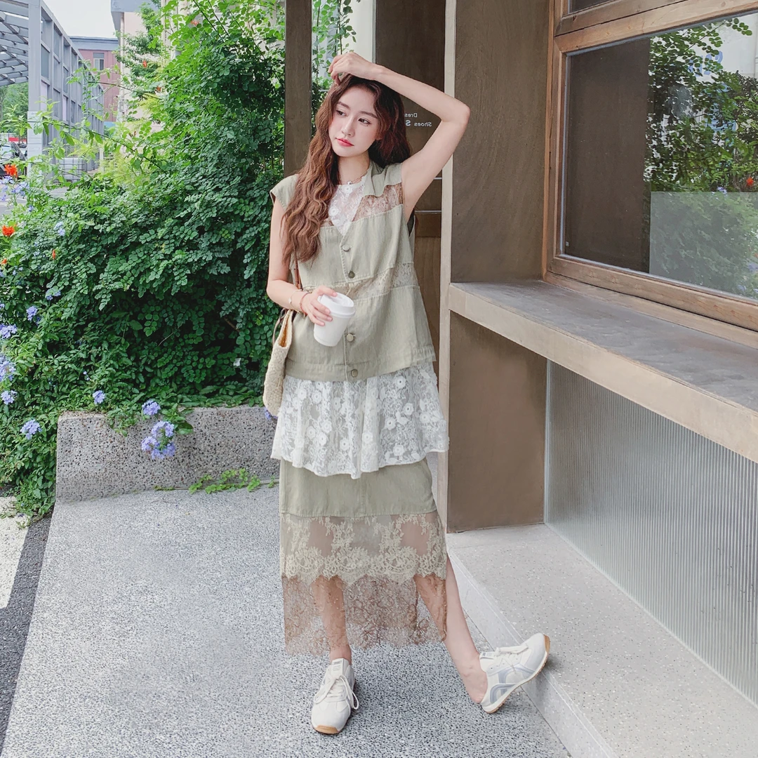 夏季ootd穿搭时尚套装裙女设计感气质蕾丝上衣马甲半身裙三件套