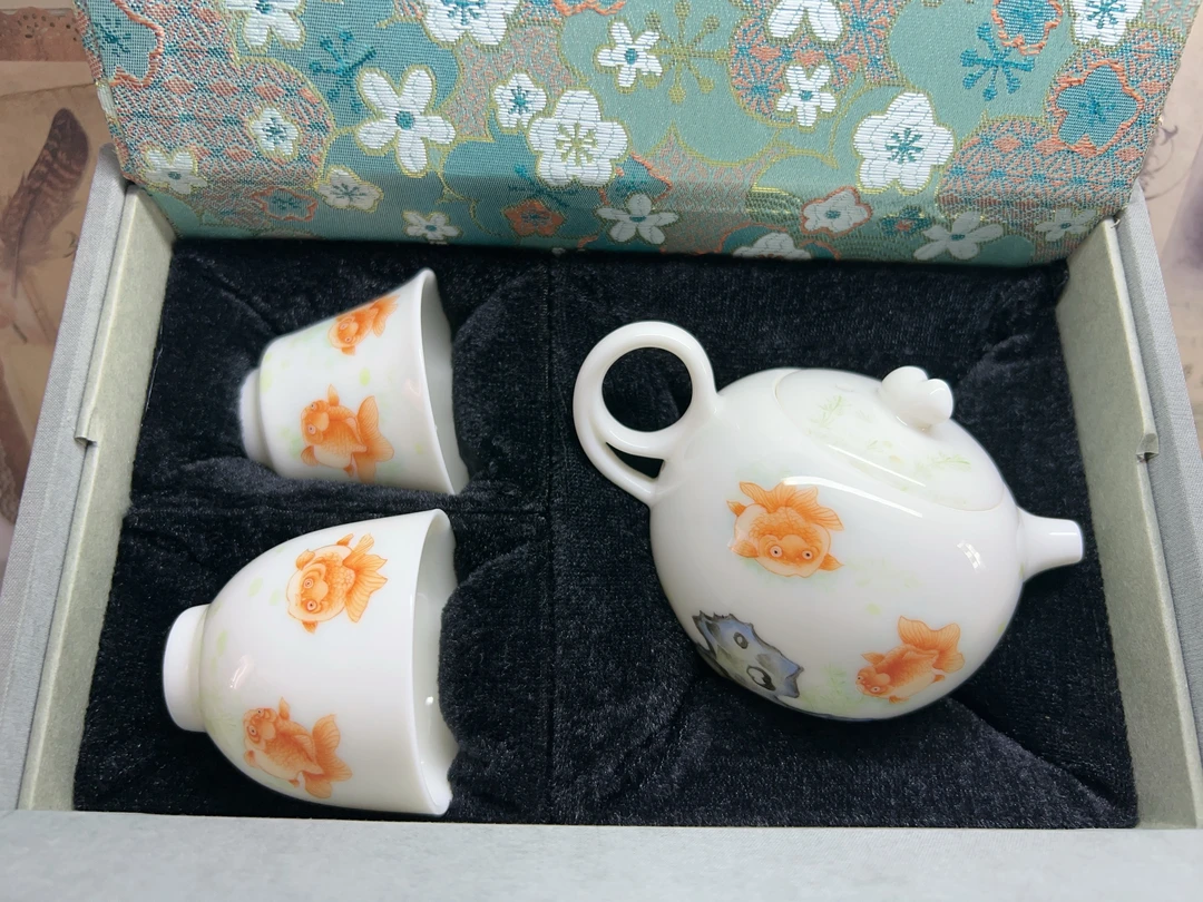 纯手绘中式复古文创羊脂玉瓷功夫茶具茶壶品茗杯茶叶罐送礼创意