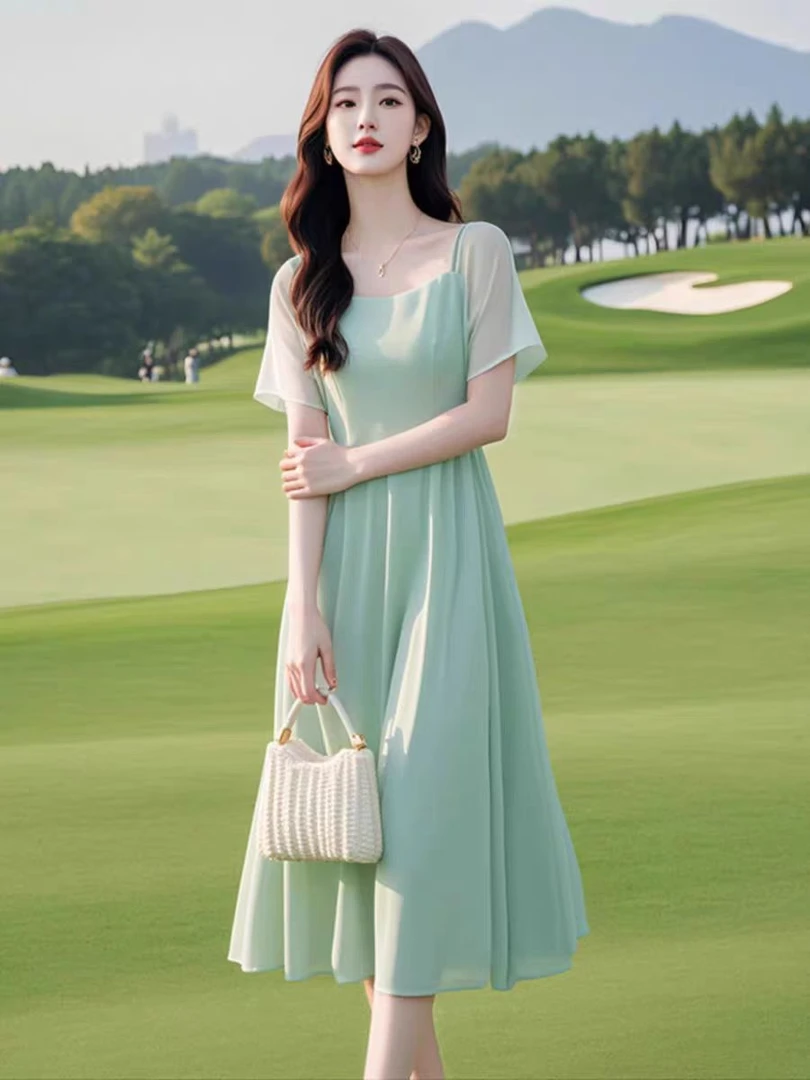 超好看漂亮法式气质绝美遮肚子显瘦仙女蓝色雪纺连衣裙子夏季长裙