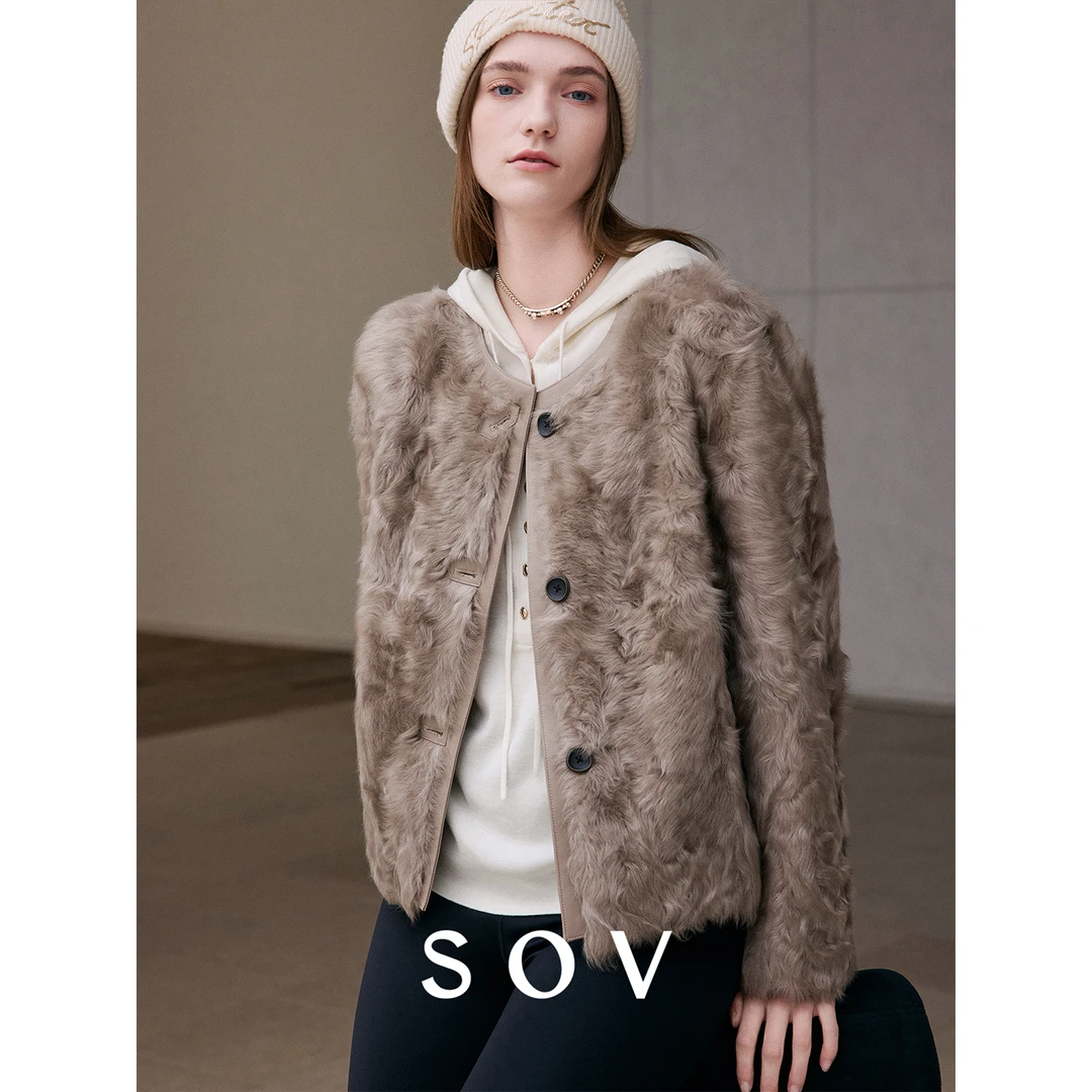 SOV "必入小湖羊" 高端小湖小羊皮 独特波浪纹理 圆领百搭外套