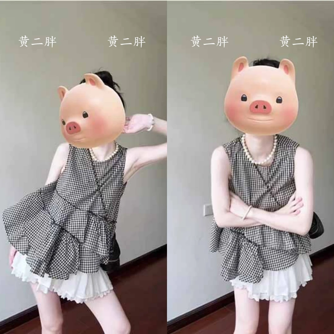 夏天透气亚麻不规则荷叶边格子衬衫上衣女无袖背心短裙两件套