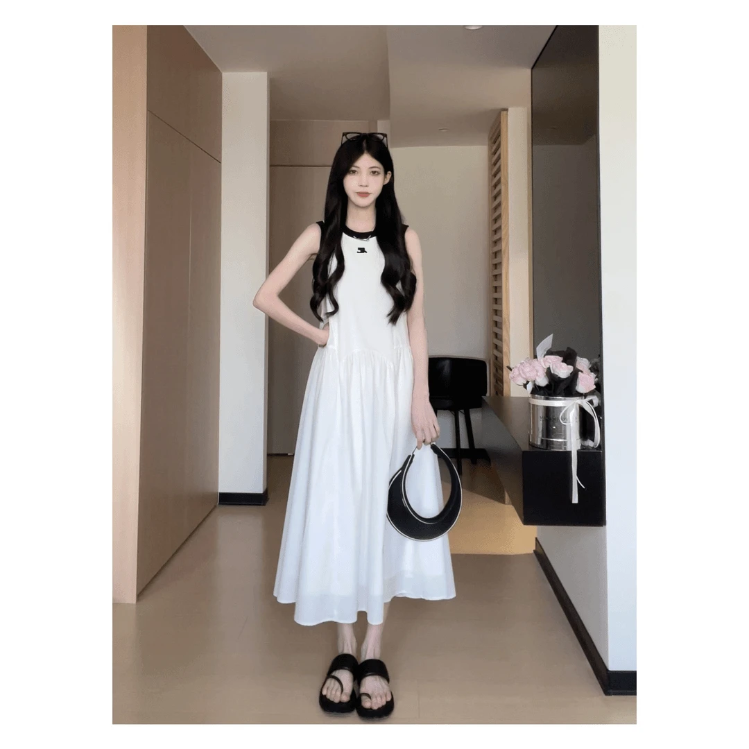 女装松本慵懒风撞色无袖圆领休闲气质长裙A字连衣裙丧丧