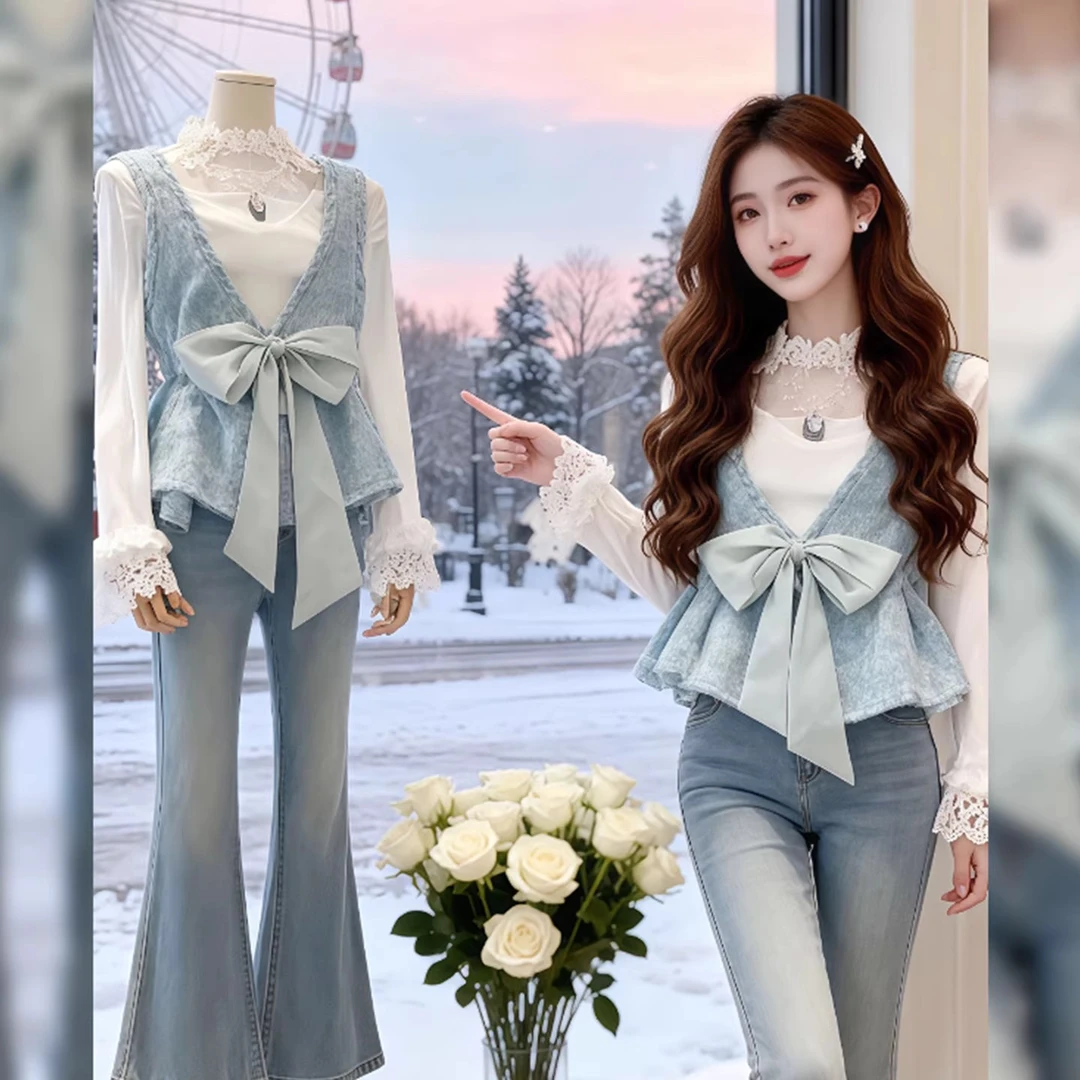 蝴蝶结绑带v领亮片针织吊带背心2025设计感初秋叠穿马甲上衣