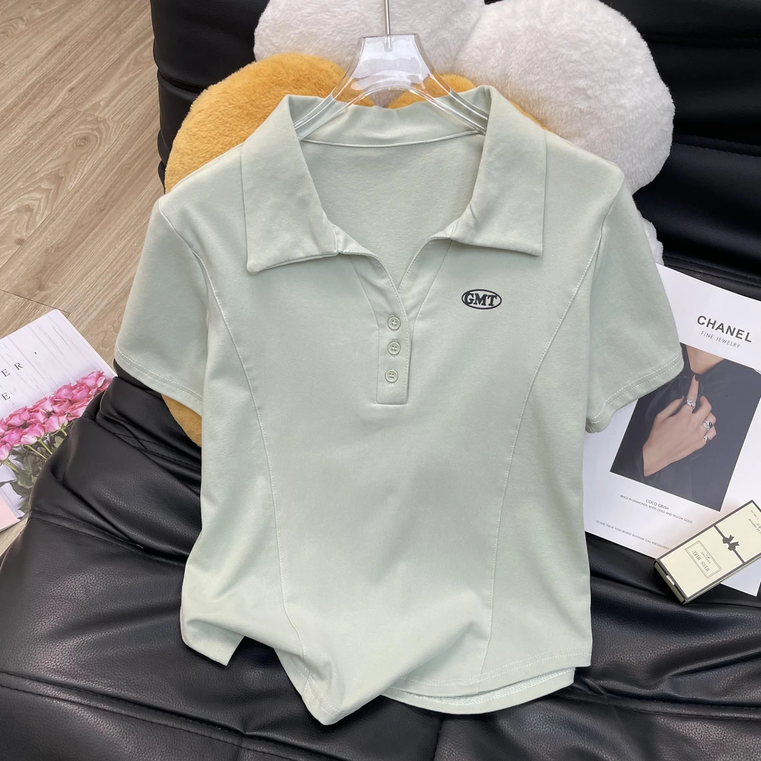 大码胖mm200斤日系chic韩系排扣V领polo衫女夏鱼骨线遮肚短袖t恤