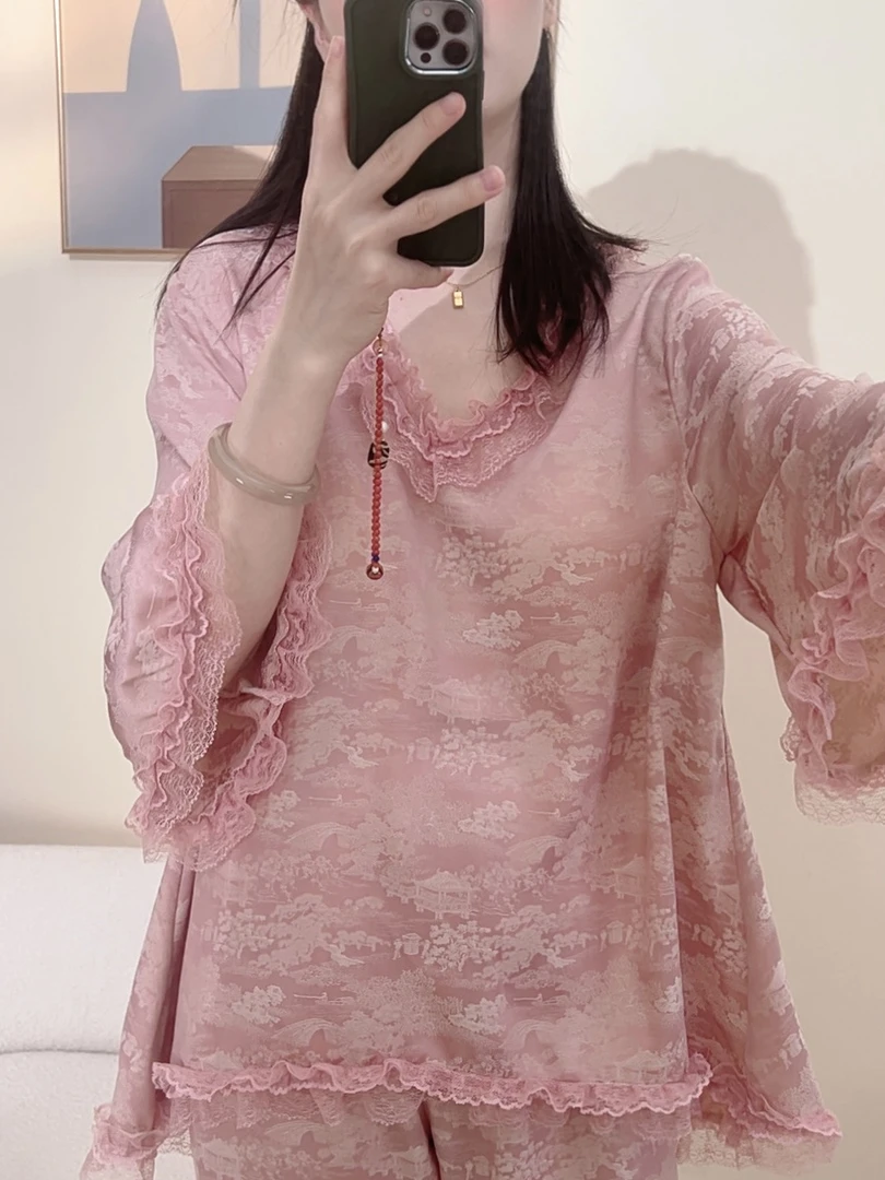 【夏季国风】睡衣家居服春夏款女款可外穿亲肤柔光锻面翻领套装