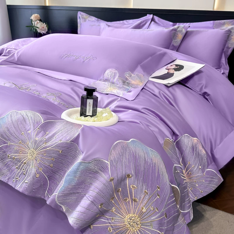 富安娜高档轻奢舒适简约四件套纯棉绣花刺绣床套亲肤柔软床上用品