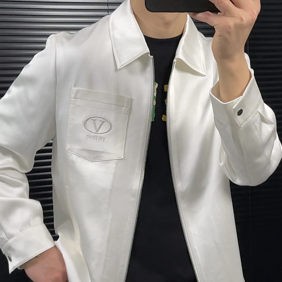 单排扣中性风翻领夹克白色修身时尚帅气痞帅休闲外套春秋工装