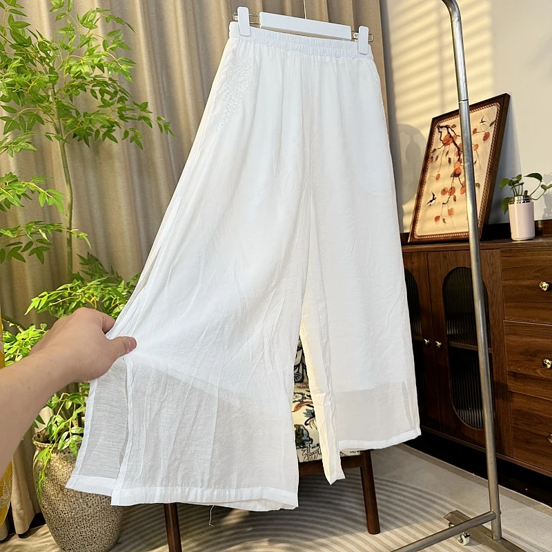 新中式夏季宽松时尚休闲洋气高腰九分裤阔腿裤百搭气质白色长裤