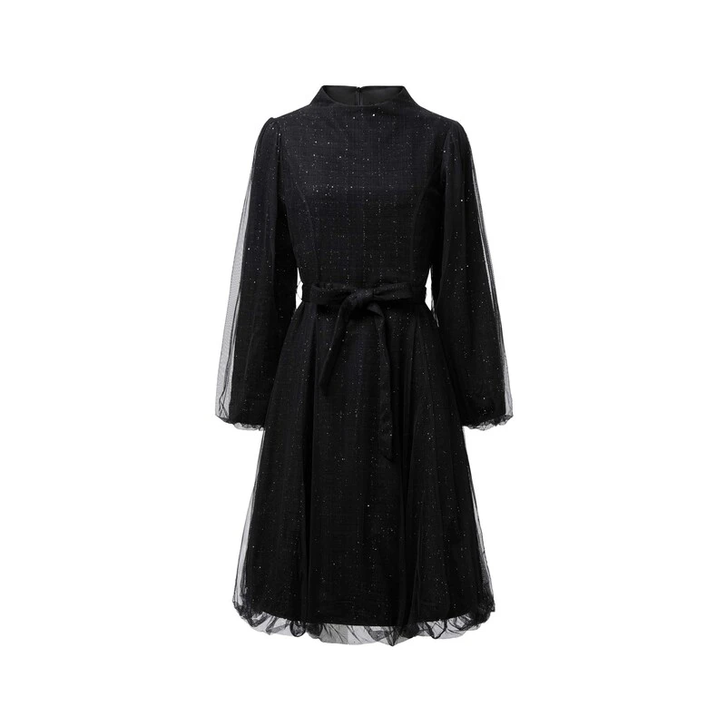 S·DEER圣迪奥时尚气质百搭休闲立领收腰网纱长袖连衣裙S224Z1273