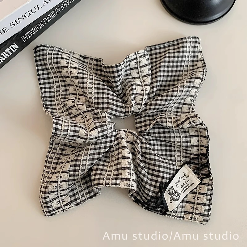 韩系黑白格子气质方巾大肠发圈方形低马尾发绳扎头发皮筋头绳头花