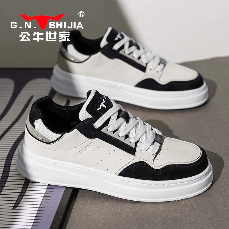 公牛世家2025新款男鞋秋季皮面运动休闲板鞋男士潮流百搭厚底潮鞋