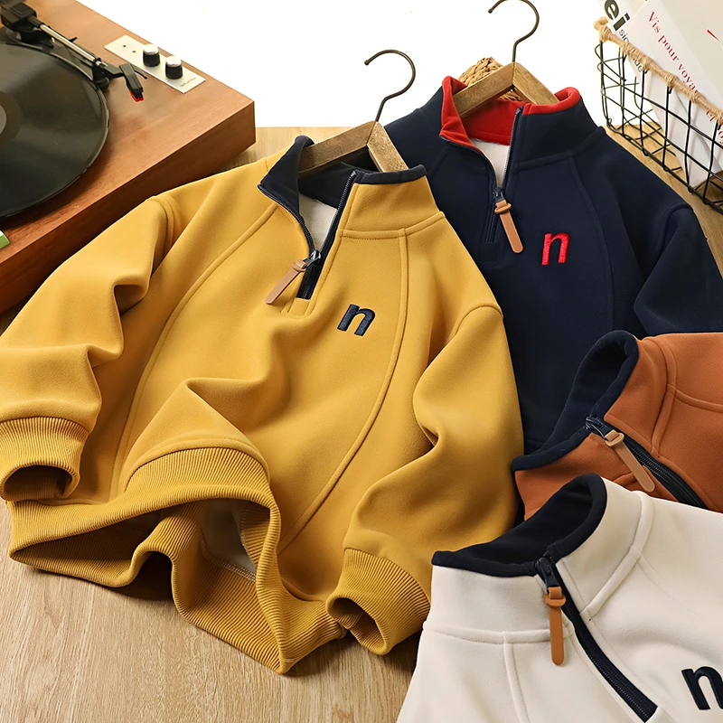 520克加厚冬款加绒羊毛蚕丝卫衣新款帅气半拉链中大童打底衫韩潮