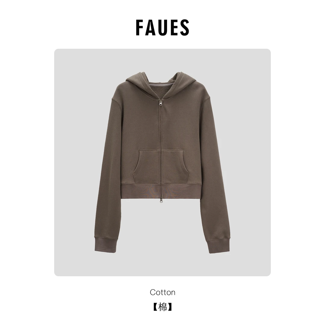 FAUES 明春还鹭 长绒棉毛圈布厚织定染双开尾拉链短款帽衫