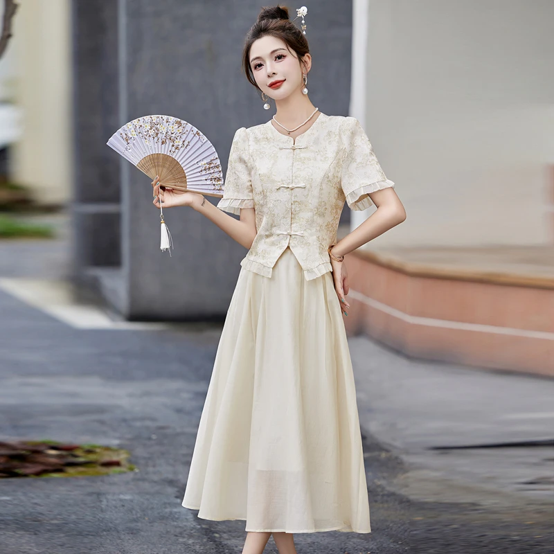 中式国风套装连衣裙女夏季新款名媛气质短袖半身长裙子穿搭两件套