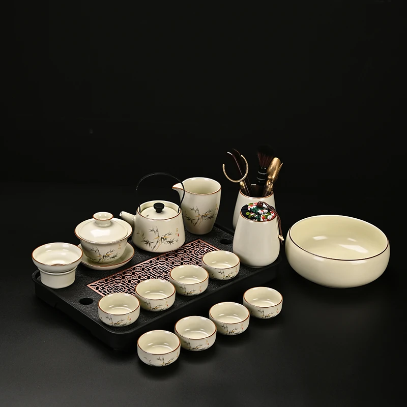 富竹米黄汝窑汝黄提梁壶茶具套装西施壶盖碗米黄汝窑家用品茗茶盘