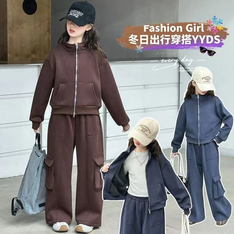 女童加绒卫衣套装秋冬新款儿童加厚保暖两件套中大童休闲运动套装