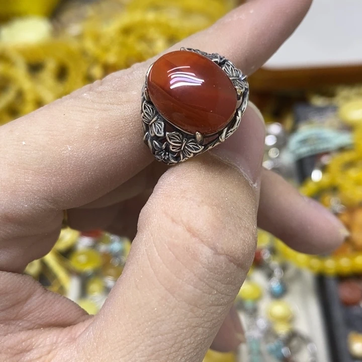 南红玛瑙银S925镶嵌戒指戒指
