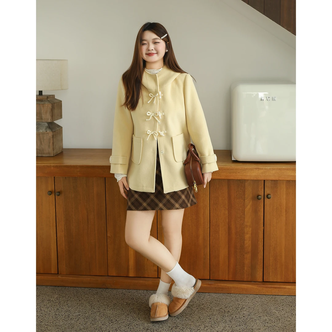 鱼白专属《橘红色的秋天》运补-6-韩系蝴蝶结正肩连帽毛呢外套2313